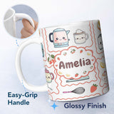 Personalized Custom Name Cute Kawaii Kitchen Mixer Kettle Cups Grey Background Seamless 11oz Ceramic Coffee Tea Mug White Large Handle
