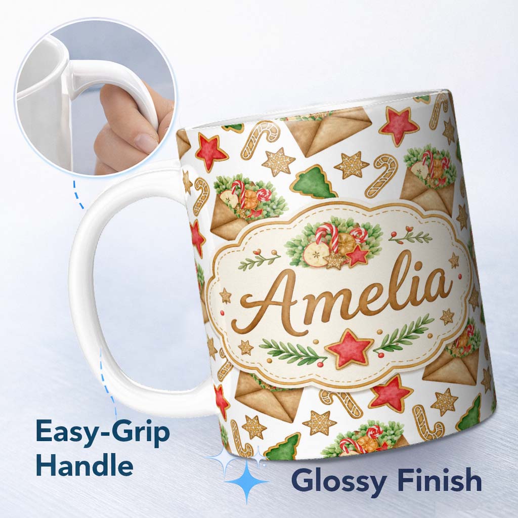 Personalized Custom Name Watercolor Christmas Cookies Candy Cane Festive Treats Seamless 11oz Ceramic Coffee Tea Mug White Large Handle