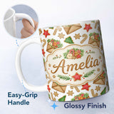 Personalized Custom Name Watercolor Christmas Cookies Candy Cane Festive Treats Seamless 11oz Ceramic Coffee Tea Mug White Large Handle