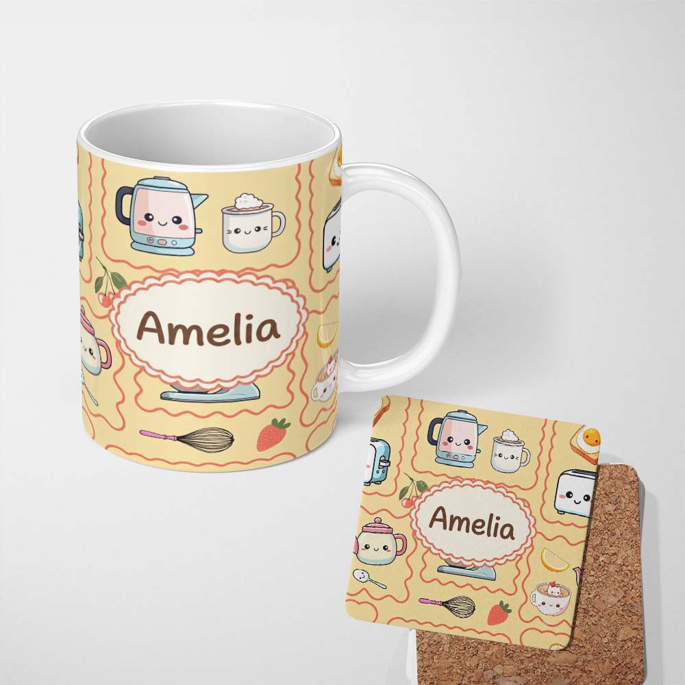 Personalized Custom Name Cute Kawaii Kitchen Mixer Kettle Cups Yellow Background Seamless 11oz Ceramic Coffee Tea Mug White Large Handle