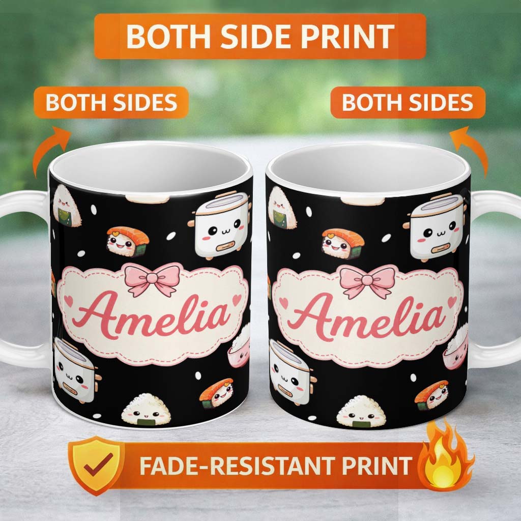 Personalized Custom Name Cute Kawaii Sushi Rice Bowl Cooker Black Background Seamless 11oz Ceramic Coffee Tea Mug White Large Handle