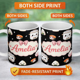 Personalized Custom Name Cute Kawaii Sushi Rice Bowl Cooker Black Background Seamless 11oz Ceramic Coffee Tea Mug White Large Handle