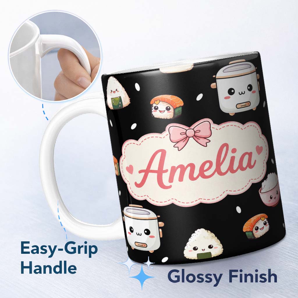 Personalized Custom Name Cute Kawaii Sushi Rice Bowl Cooker Black Background Seamless 11oz Ceramic Coffee Tea Mug White Large Handle