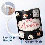 Personalized Custom Name Cute Kawaii Sushi Rice Bowl Cooker Black Background Seamless 11oz Ceramic Coffee Tea Mug White Large Handle
