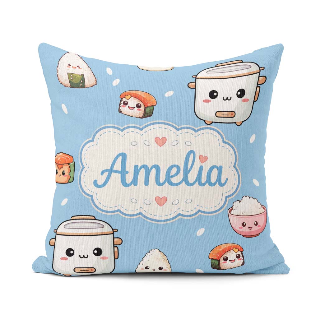 Custom Name Kawaii Sushi Rice Bowl Cooker Blue Seamless Pattern Square Filled Cushion Throw Pillow Sofa Bed Home Decor Zip Washable UK Made