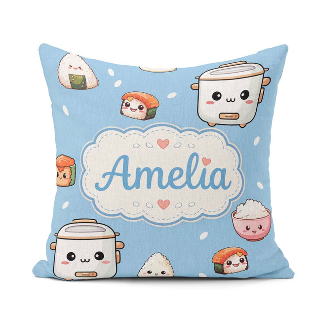 Custom Name Kawaii Sushi Rice Bowl Cooker Blue Seamless Pattern Square Filled Cushion Throw Pillow Sofa Bed Home Decor Zip Washable UK Made
