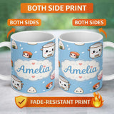 Personalized Custom Name Cute Kawaii Sushi Rice Bowl Cooker Blue Background Seamless Pattern 11oz Ceramic Coffee Tea Mug White Large Handle