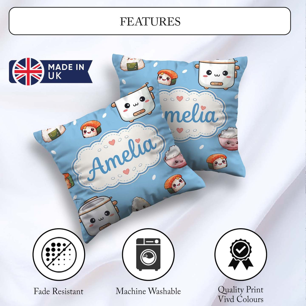 Custom Name Kawaii Sushi Rice Bowl Cooker Blue Seamless Pattern Square Filled Cushion Throw Pillow Sofa Bed Home Decor Zip Washable UK Made