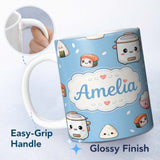 Personalized Custom Name Cute Kawaii Sushi Rice Bowl Cooker Blue Background Seamless Pattern 11oz Ceramic Coffee Tea Mug White Large Handle