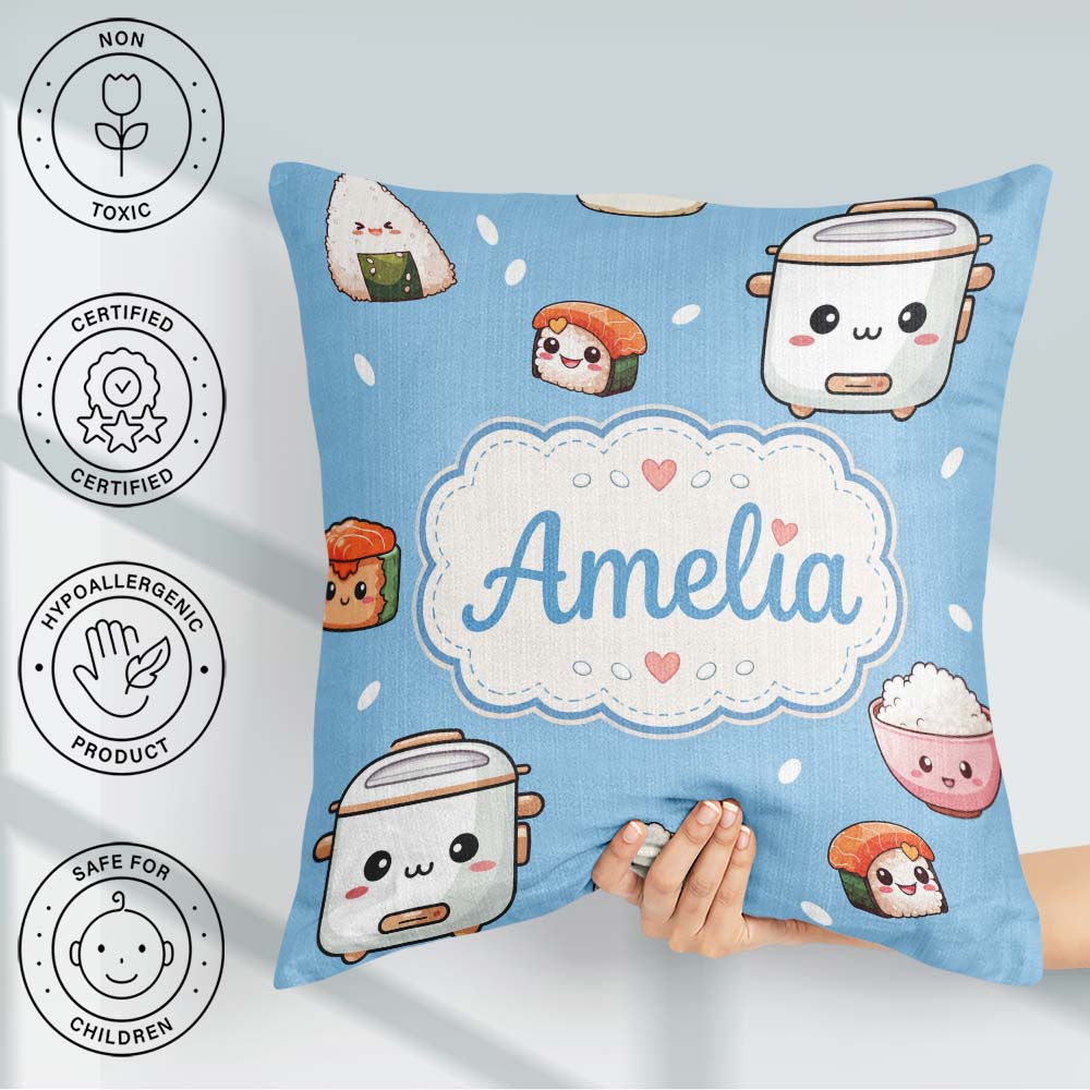 Custom Name Kawaii Sushi Rice Bowl Cooker Blue Seamless Pattern Square Filled Cushion Throw Pillow Sofa Bed Home Decor Zip Washable UK Made
