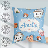 Custom Name Kawaii Sushi Rice Bowl Cooker Blue Seamless Pattern Square Filled Cushion Throw Pillow Sofa Bed Home Decor Zip Washable UK Made