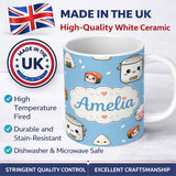 Personalized Custom Name Cute Kawaii Sushi Rice Bowl Cooker Blue Background Seamless Pattern 11oz Ceramic Coffee Tea Mug White Large Handle
