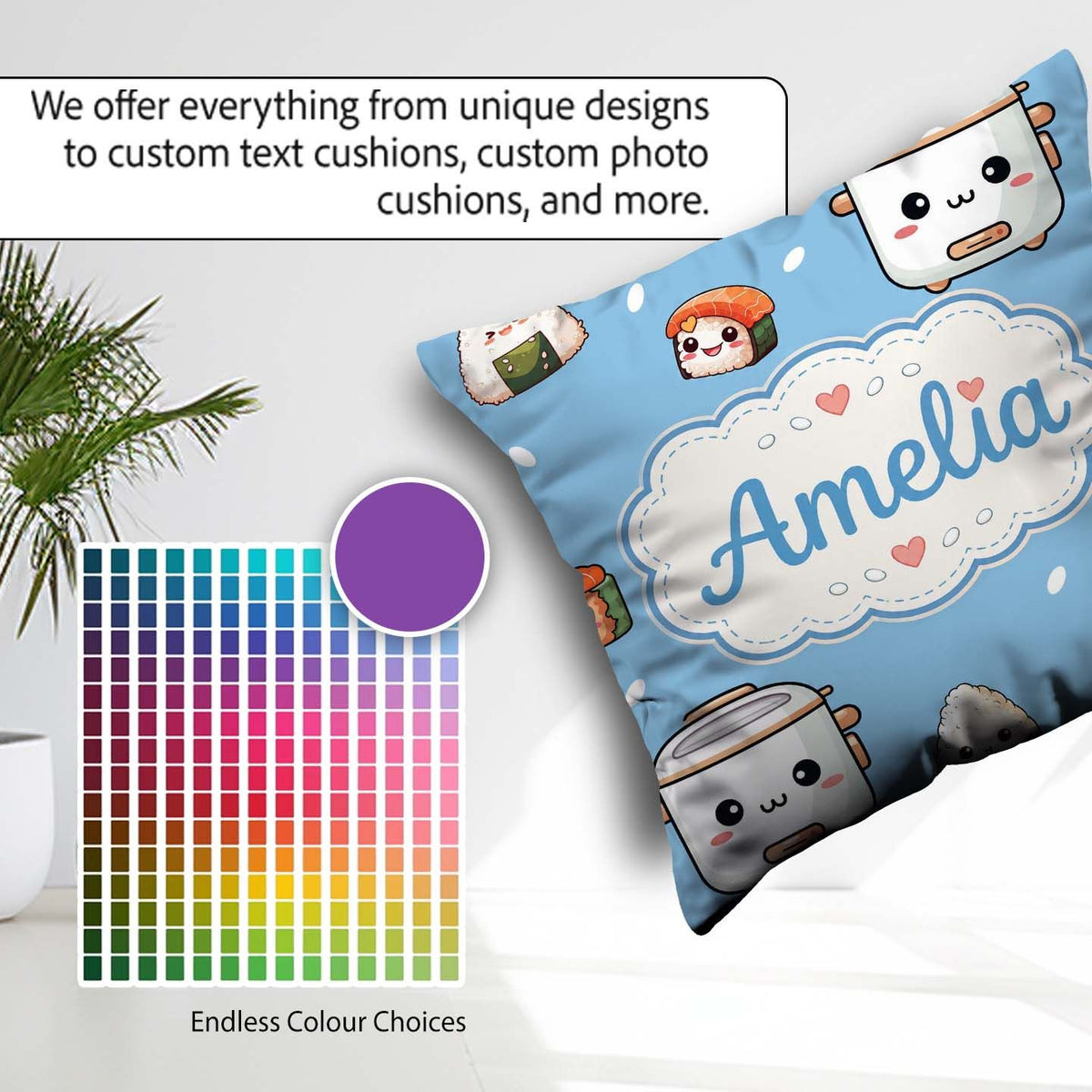 Custom Name Kawaii Sushi Rice Bowl Cooker Blue Seamless Pattern Square Filled Cushion Throw Pillow Sofa Bed Home Decor Zip Washable UK Made