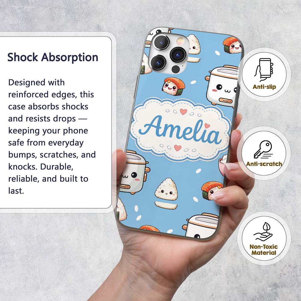 Cute Kawaii Sushi Rice Bowl Cooker Printed Design Custom Name Protective Phone Case Mobile Cover Durable Everyday Smartphone Shock Resistant