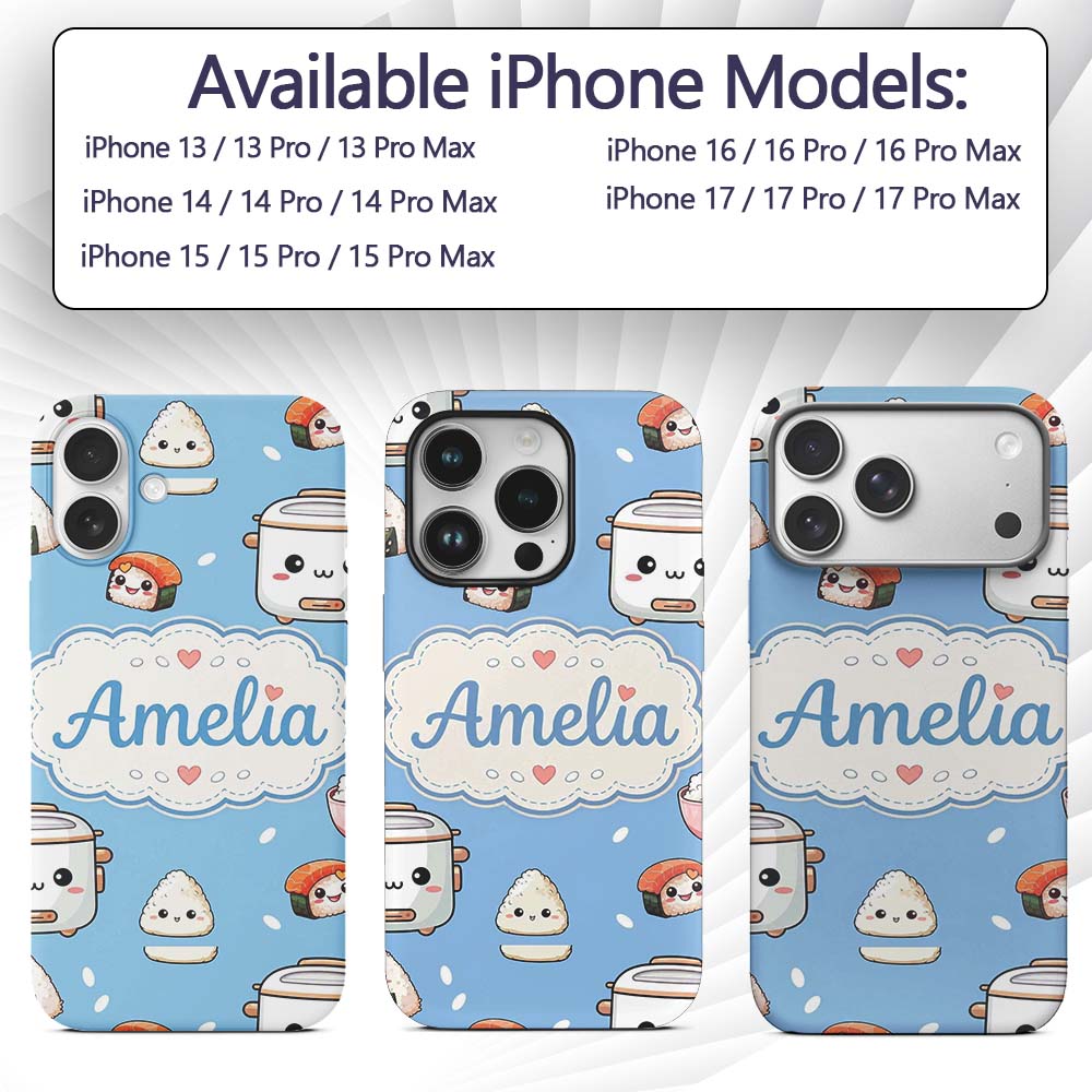 Cute Kawaii Sushi Rice Bowl Cooker Printed Design Custom Name Protective Phone Case Mobile Cover Durable Everyday Smartphone Shock Resistant