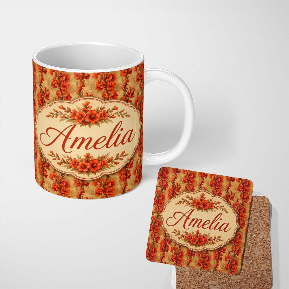 Personalized Custom Name Bold Red Gladiolus Floral Seamless Pattern on Beige Vintage Lovely 11oz Ceramic Coffee Tea Mug White Large Handle