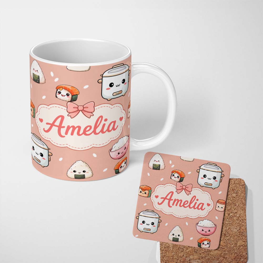 Personalized Custom Name Cute Kawaii Sushi Rice Cooker Bowl Salmon Beige Background Seamless 11oz Ceramic Coffee Tea Mug White Large Handle