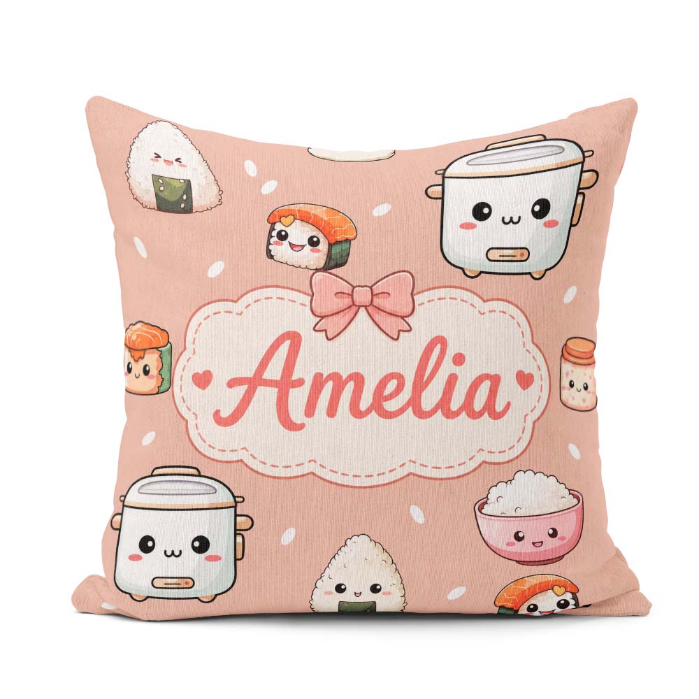 Custom Name Kawaii Sushi Rice Cooker Bowl Salmon Beige Seamless Square Filled Cushion Throw Pillow Sofa Bed Home Decor Zip Washable UK Made