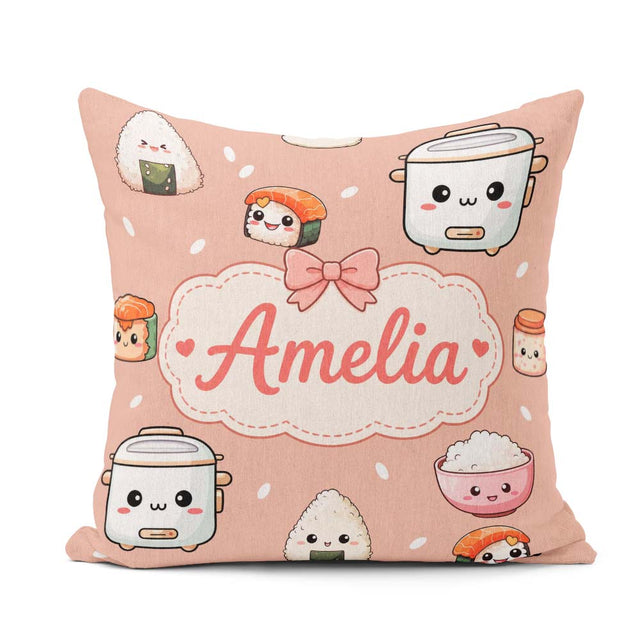 Custom Name Kawaii Sushi Rice Cooker Bowl Salmon Beige Seamless Square Filled Cushion Throw Pillow Sofa Bed Home Decor Zip Washable UK Made