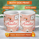 Personalized Custom Name Cute Kawaii Sushi Rice Cooker Bowl Salmon Beige Background Seamless 11oz Ceramic Coffee Tea Mug White Large Handle