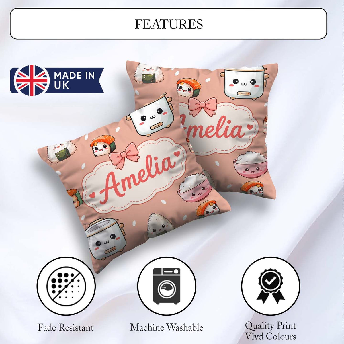 Custom Name Kawaii Sushi Rice Cooker Bowl Salmon Beige Seamless Square Filled Cushion Throw Pillow Sofa Bed Home Decor Zip Washable UK Made