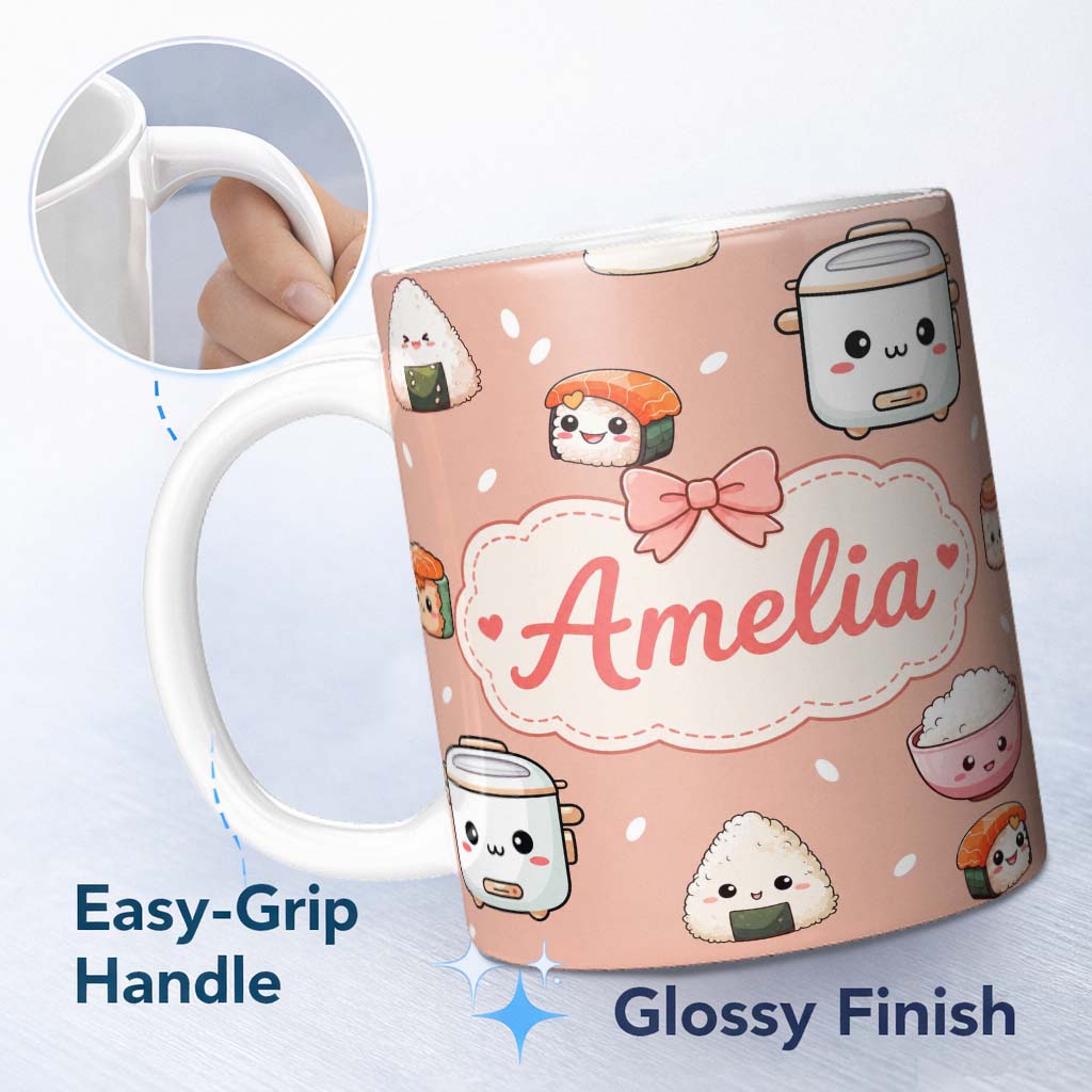 Personalized Custom Name Cute Kawaii Sushi Rice Cooker Bowl Salmon Beige Background Seamless 11oz Ceramic Coffee Tea Mug White Large Handle