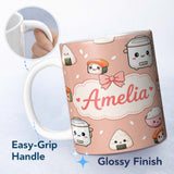 Personalized Custom Name Cute Kawaii Sushi Rice Cooker Bowl Salmon Beige Background Seamless 11oz Ceramic Coffee Tea Mug White Large Handle
