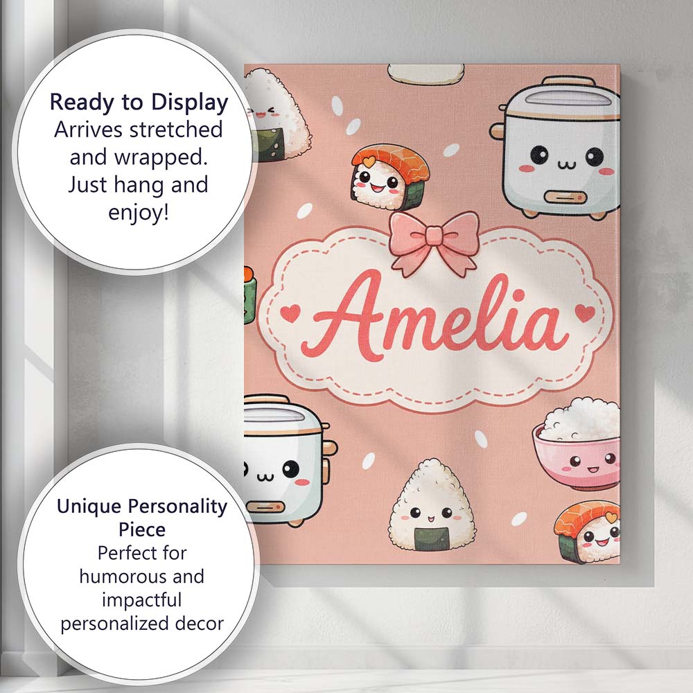 Personalised Name Cute Kawaii Sushi Rice Custom  Unique Gift Idea Elegant Feature Canvas Wall Art Print Decor Picture Ready to Hang