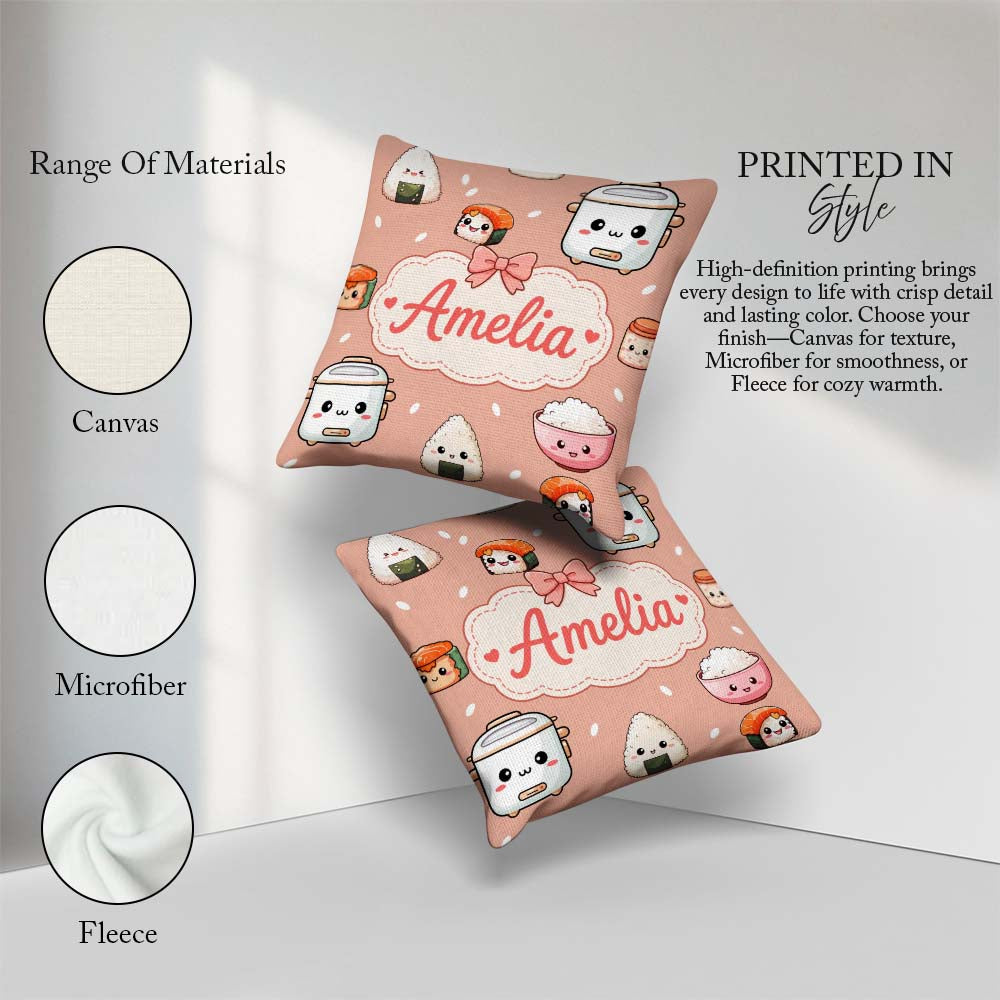 Custom Name Kawaii Sushi Rice Cooker Bowl Salmon Beige Seamless Square Filled Cushion Throw Pillow Sofa Bed Home Decor Zip Washable UK Made