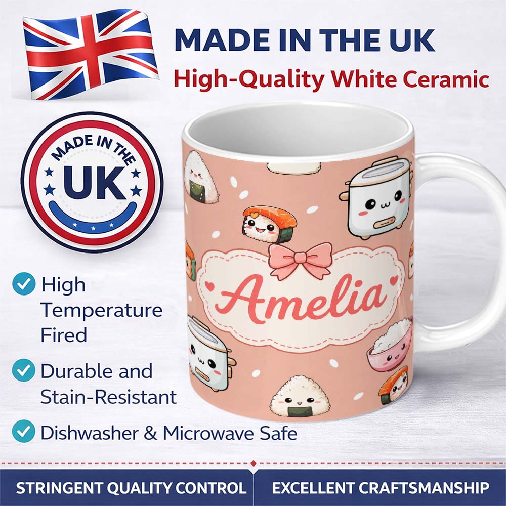 Personalized Custom Name Cute Kawaii Sushi Rice Cooker Bowl Salmon Beige Background Seamless 11oz Ceramic Coffee Tea Mug White Large Handle