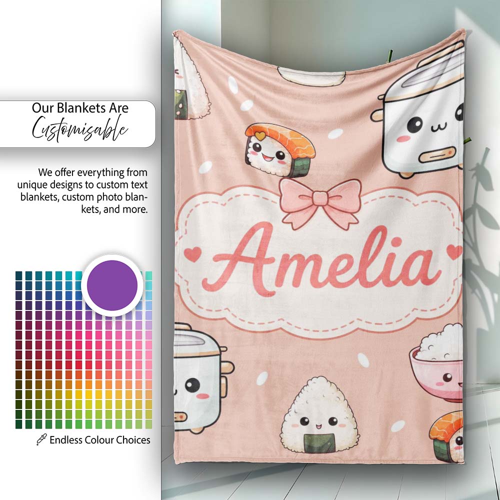 Cute Kawaii Sushi Rice Cooker Bowl Salmon Beige Background Seamless  Personalised Custom Name Super Soft Fleece Blanket Bed Sofa Throw