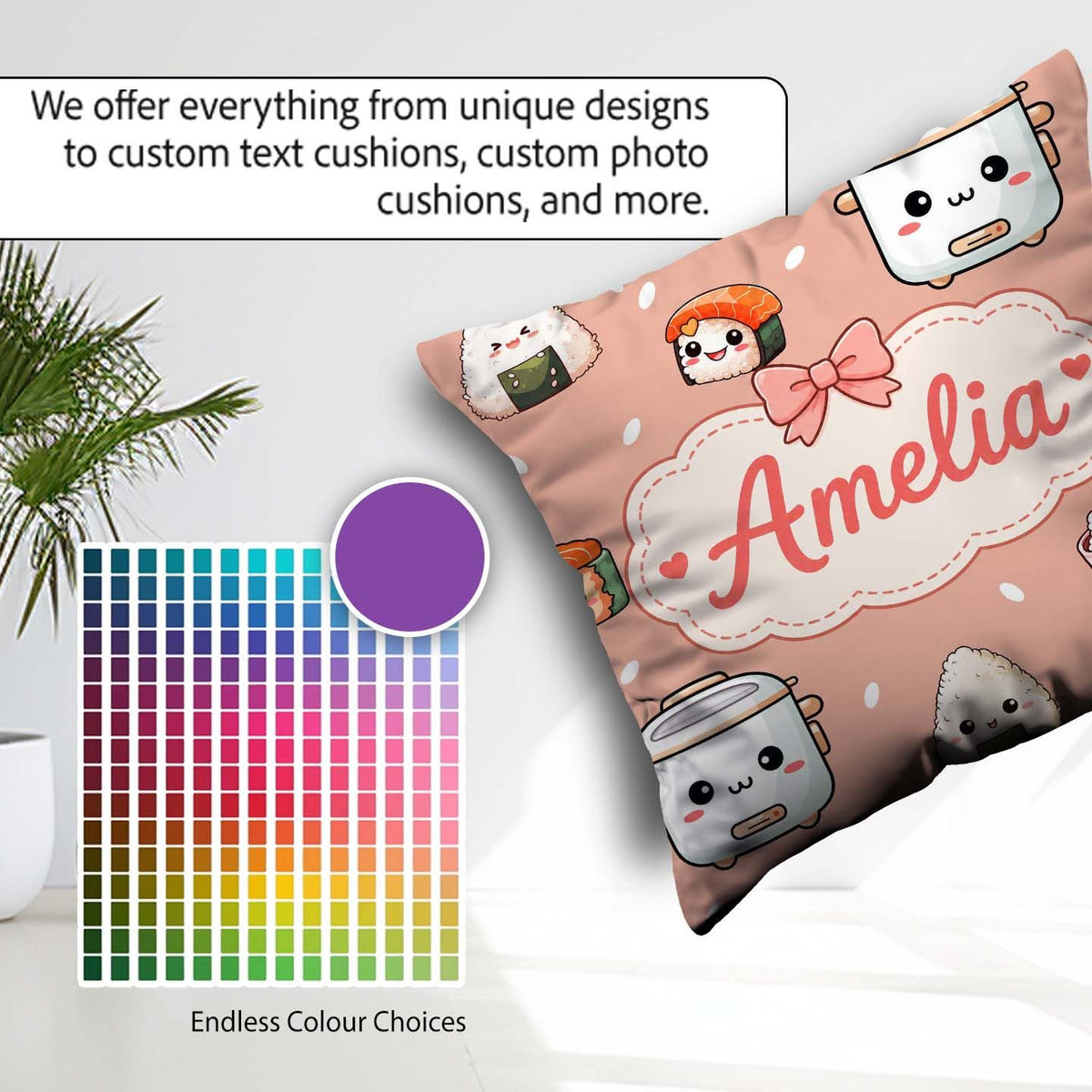 Custom Name Kawaii Sushi Rice Cooker Bowl Salmon Beige Seamless Square Filled Cushion Throw Pillow Sofa Bed Home Decor Zip Washable UK Made