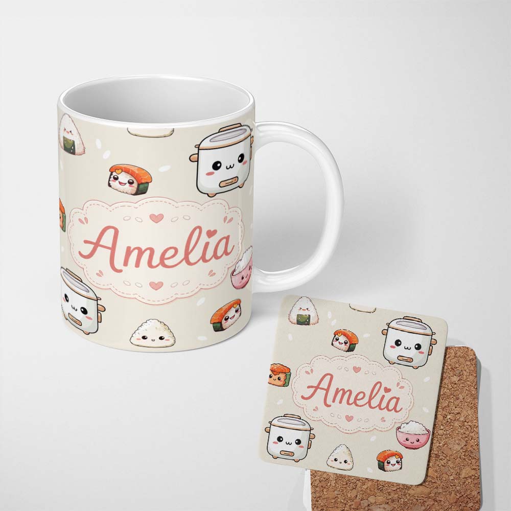Personalized Custom Name Cute Kawaii Sushi Rice Cooker Bowl Neutral Background Seamless 11oz Ceramic Coffee Tea Mug White Large Handle