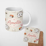 Personalized Custom Name Cute Kawaii Sushi Rice Cooker Bowl Neutral Background Seamless 11oz Ceramic Coffee Tea Mug White Large Handle