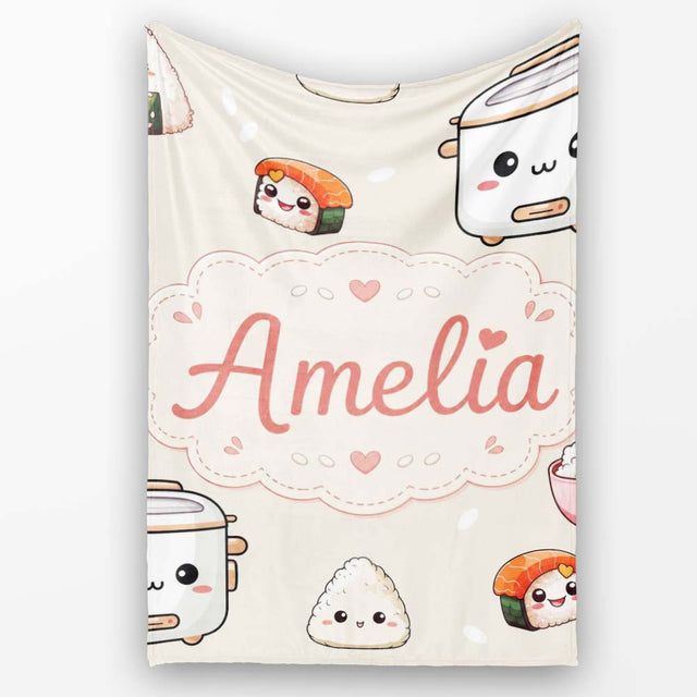 Cute Kawaii Sushi Rice Cooker Bowl Neutral Background Seamless  Personalised Custom Name Super Soft Fleece Blanket Bed Sofa Throw