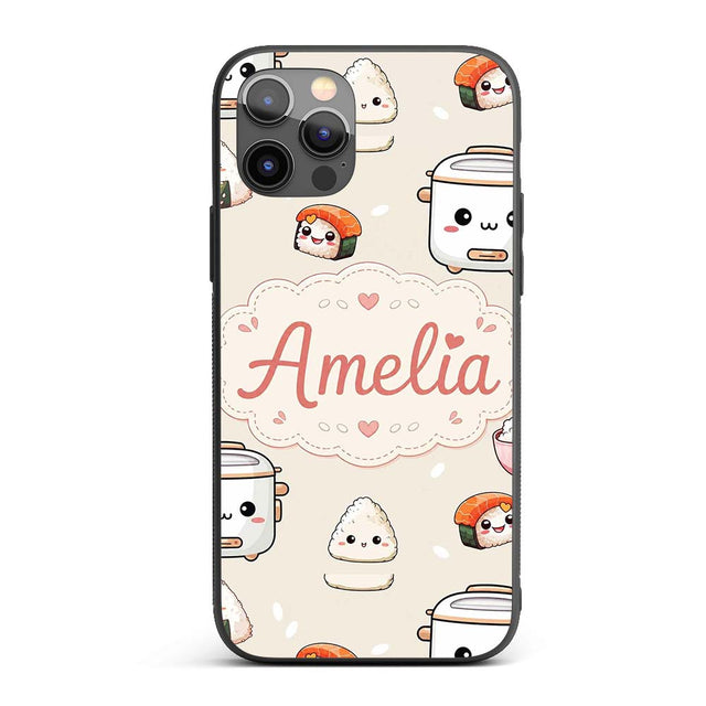 Cute Kawaii Sushi Rice Cooker Bowl Printed Design Custom Name Protective Phone Case Mobile Cover Durable Everyday Smartphone Shock Resistant