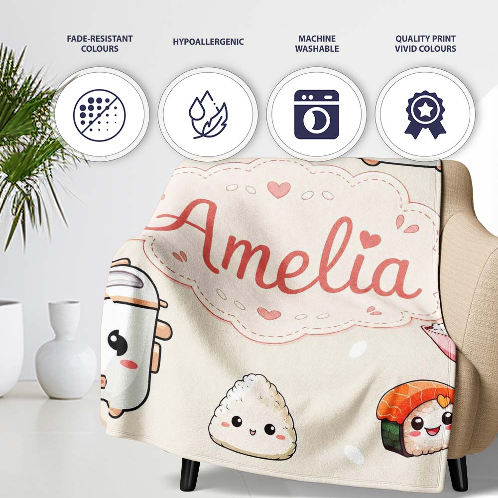 Cute Kawaii Sushi Rice Cooker Bowl Neutral Background Seamless  Personalised Custom Name Super Soft Fleece Blanket Bed Sofa Throw
