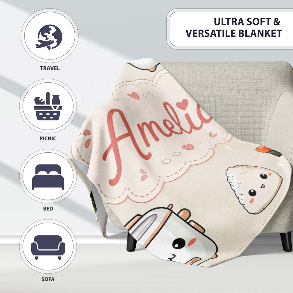 Cute Kawaii Sushi Rice Cooker Bowl Neutral Background Seamless  Personalised Custom Name Super Soft Fleece Blanket Bed Sofa Throw