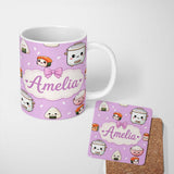 Personalized Custom Name Cute Kawaii Sushi Rice Cooker Bowl Purple Background Seamless 11oz Ceramic Coffee Tea Mug White Large Handle