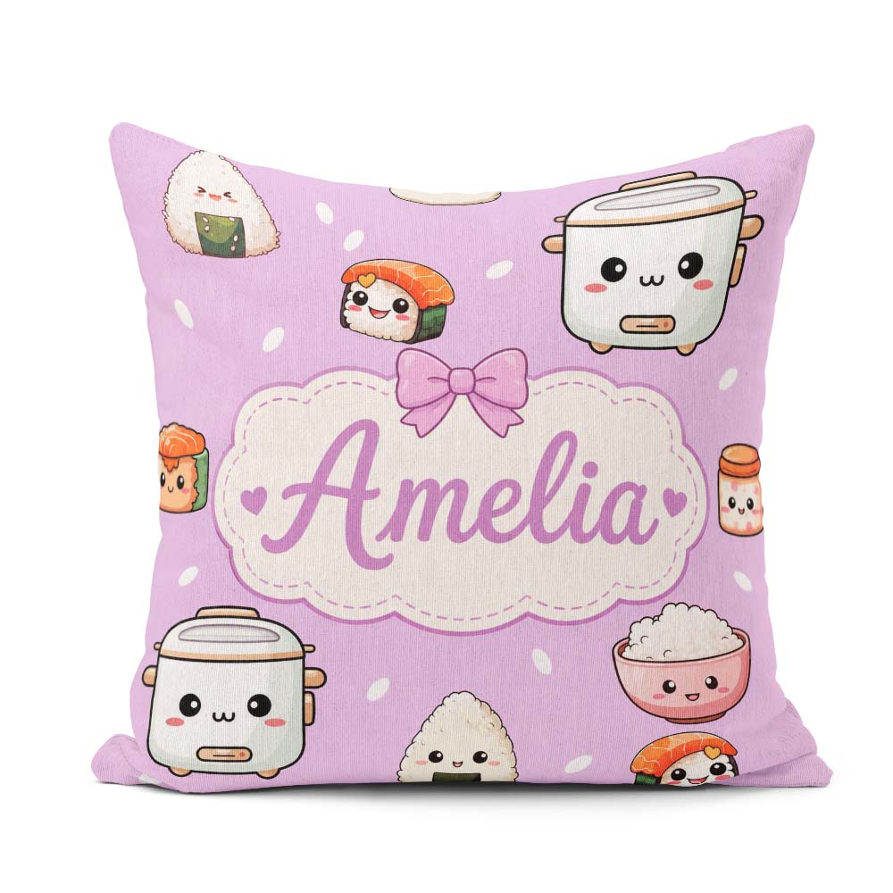 Custom Name Cute Kawaii Sushi Rice Cooker Bowl Purple Background Square Filled Cushion Throw Pillow Sofa Bed Home Decor Zip Washable UK Made