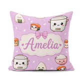 Custom Name Cute Kawaii Sushi Rice Cooker Bowl Purple Background Square Filled Cushion Throw Pillow Sofa Bed Home Decor Zip Washable UK Made
