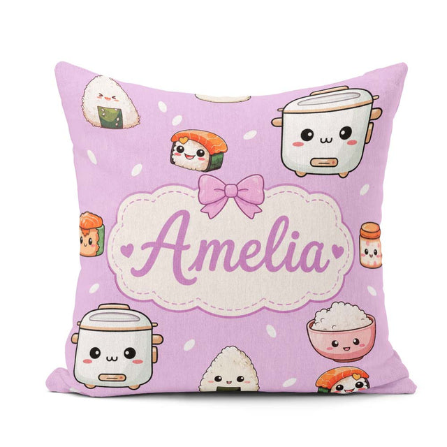 Custom Name Cute Kawaii Sushi Rice Cooker Bowl Purple Background Square Filled Cushion Throw Pillow Sofa Bed Home Decor Zip Washable UK Made