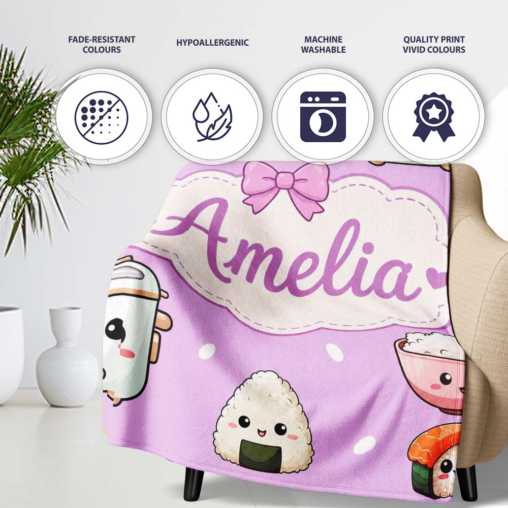 Cute Kawaii Sushi Rice Cooker Bowl Purple Background Seamless  Personalised Custom Name Super Soft Fleece Blanket Bed Sofa Throw