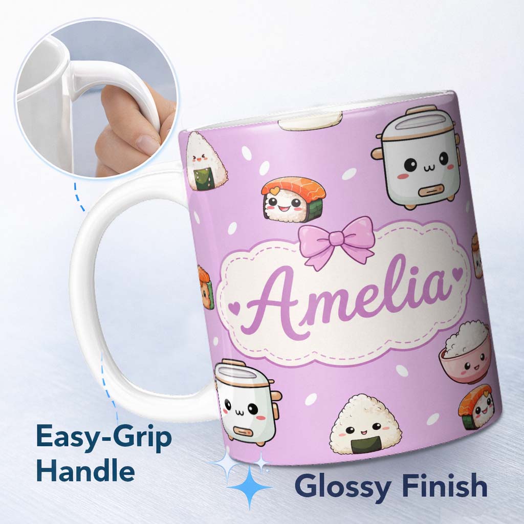 Personalized Custom Name Cute Kawaii Sushi Rice Cooker Bowl Purple Background Seamless 11oz Ceramic Coffee Tea Mug White Large Handle
