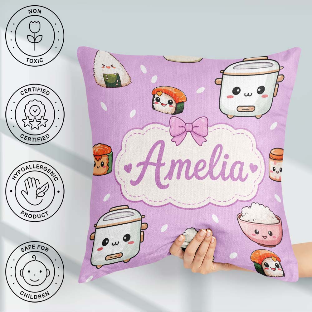 Custom Name Cute Kawaii Sushi Rice Cooker Bowl Purple Background Square Filled Cushion Throw Pillow Sofa Bed Home Decor Zip Washable UK Made