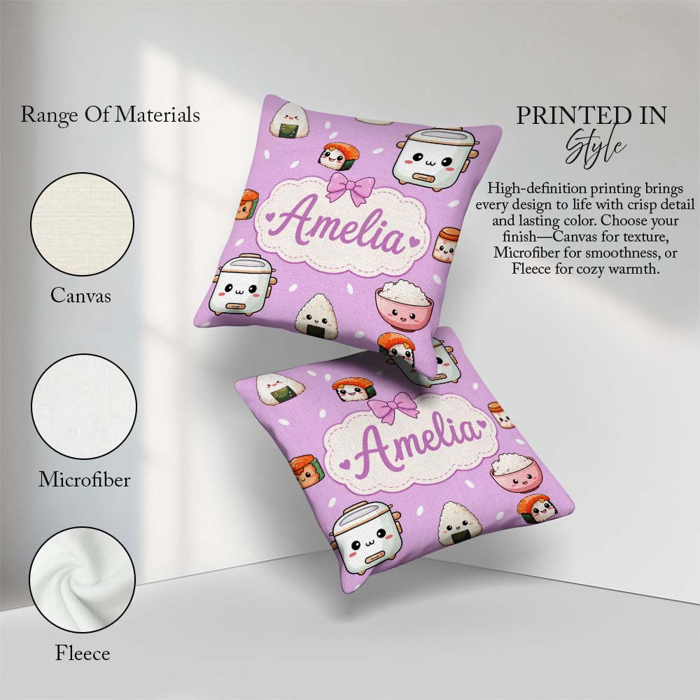 Custom Name Cute Kawaii Sushi Rice Cooker Bowl Purple Background Square Filled Cushion Throw Pillow Sofa Bed Home Decor Zip Washable UK Made