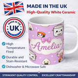 Personalized Custom Name Cute Kawaii Sushi Rice Cooker Bowl Purple Background Seamless 11oz Ceramic Coffee Tea Mug White Large Handle