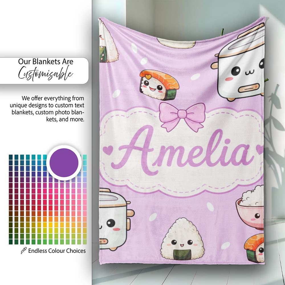 Cute Kawaii Sushi Rice Cooker Bowl Purple Background Seamless  Personalised Custom Name Super Soft Fleece Blanket Bed Sofa Throw