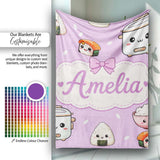 Cute Kawaii Sushi Rice Cooker Bowl Purple Background Seamless  Personalised Custom Name Super Soft Fleece Blanket Bed Sofa Throw