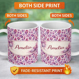 Personalized Custom Name Purple Pink Watercolor Crystal Gem Seamless Pattern Cute Unique Gift 11oz Ceramic Coffee Tea Mug White Large Handle